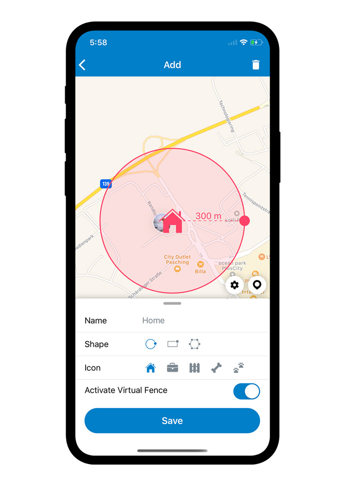 Funktionen virtuelt hegn i Tractive GPS-appen, screenshot