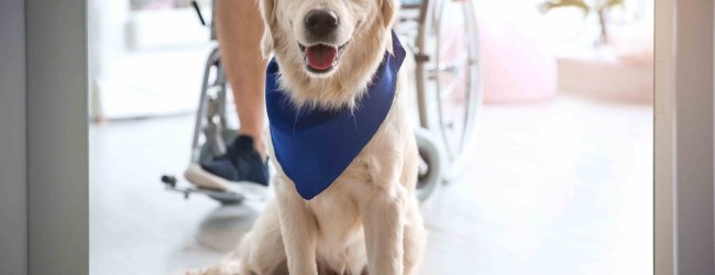 A service dog sitting in front of a person on a wheelchair