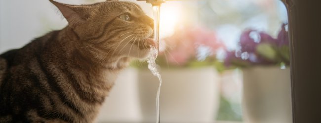 A cat drinking water from a faucet