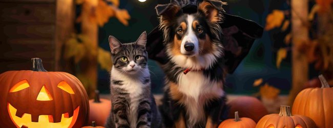 A dog and a cat sitting by a porch with Halloween decorations around them