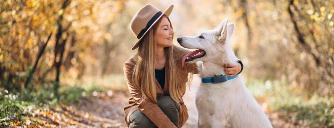 Femme accroupie sur un sentier de forêt en automne avec grand chien blanc portant un GPS Tractive au cou