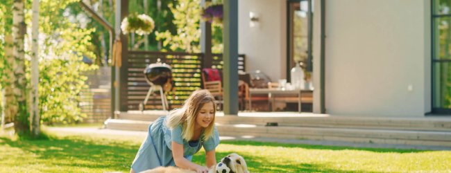 young girl in blue dress and golden retriever dog playing with a ball on the front yard