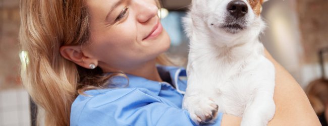 una donna con una camicia azzurra abbraccia un cane bianco e marrone