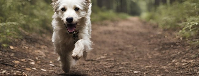 A dog running off into a forested area