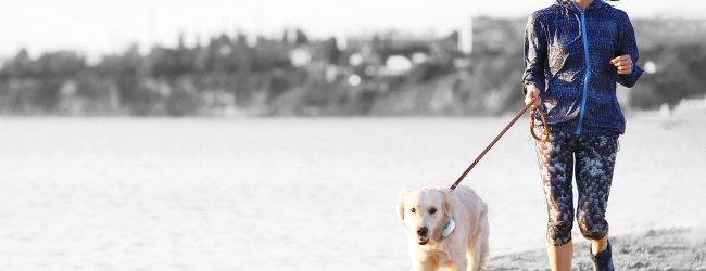 Woman running outdoors with dog on leash