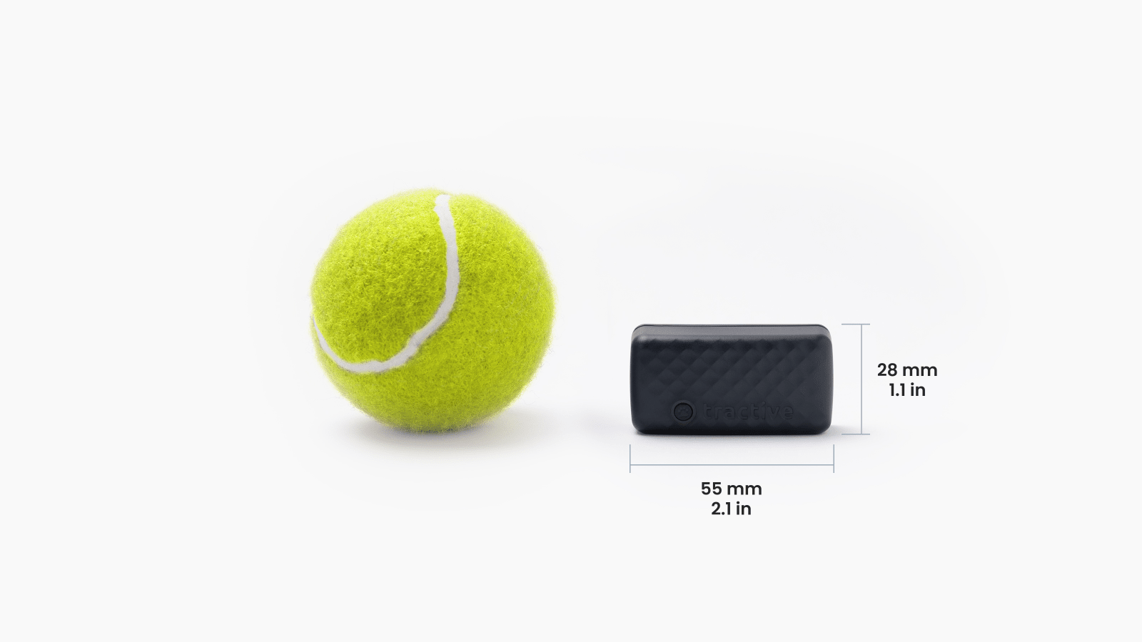 Tracker size compared to a tennis ball